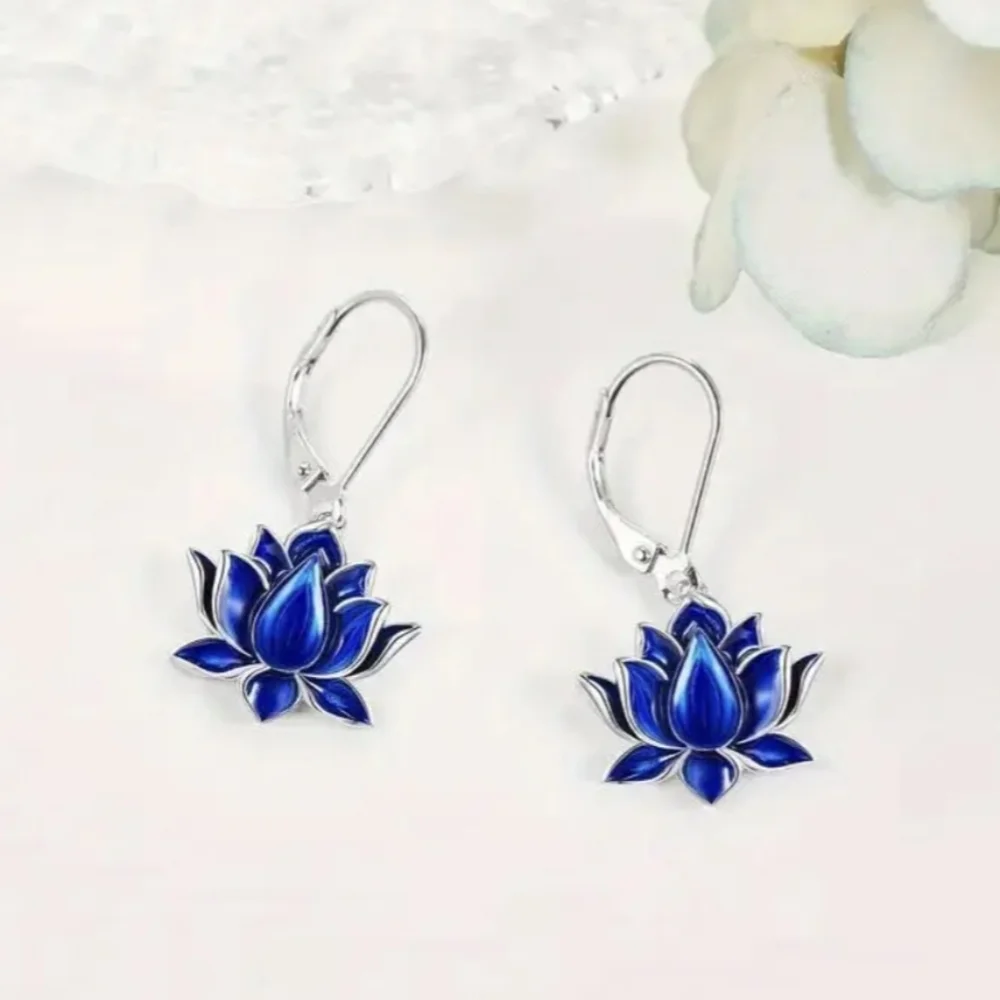 Earrings-- Lotus Flower Dangle style, Rose Red Or Blue